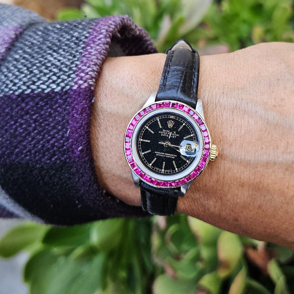Rolex Ladies 26mm Datejust 6917 Baguette Ruby Black Stick On Black Leather